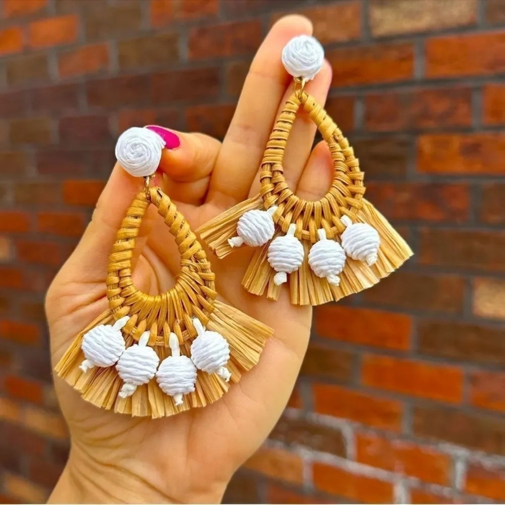 Mykonos Bohemian Raffia Rattan Breaded Earrings - Picture 3 of 6